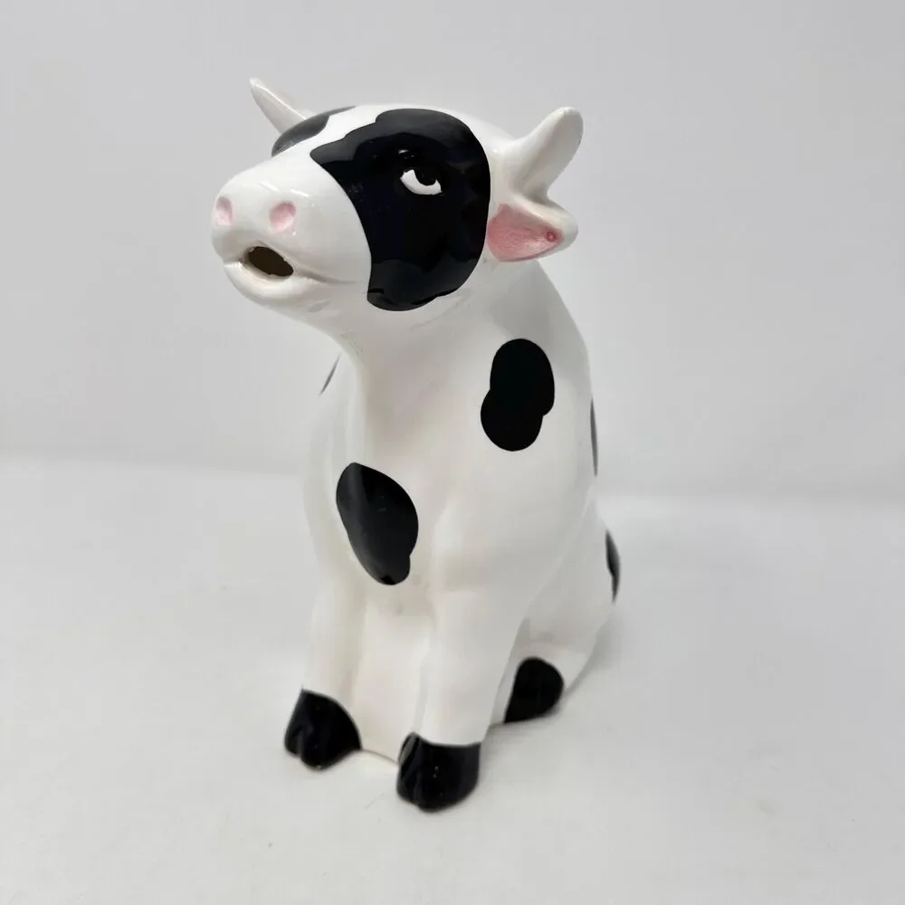 Vintage Cow Pitcher Ceramic Black White Holstein Milk Jug Vase Taiwan - READ